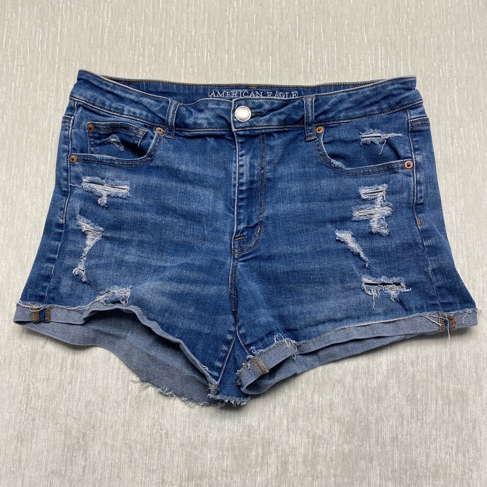 American Eagle High Rise Shortie Cut-Off Short Women 14 Blue Denim Distressed